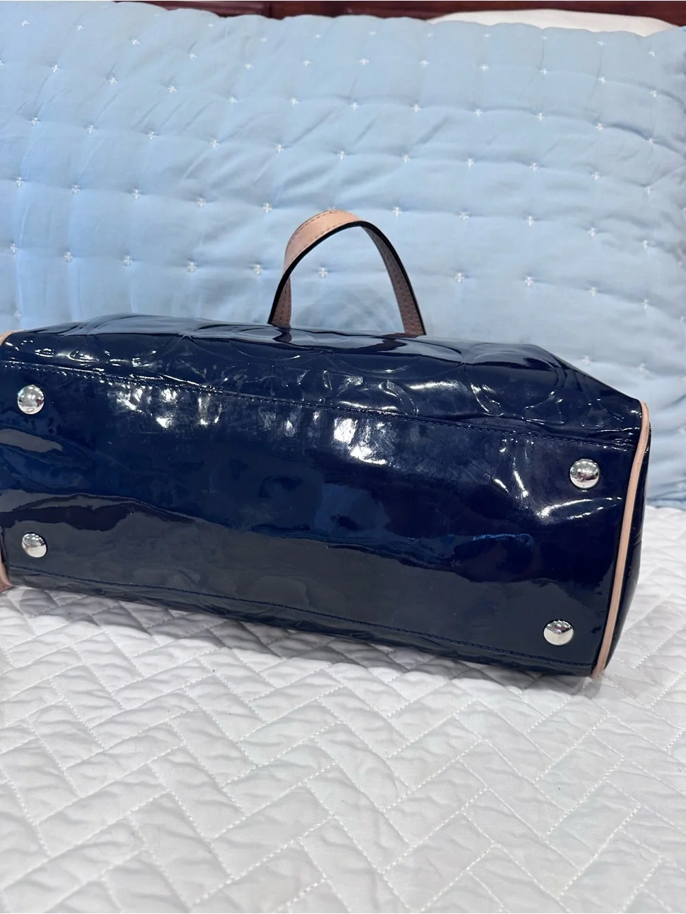 Coach Patent Leather Satchel with tan Trim - Navy Patent